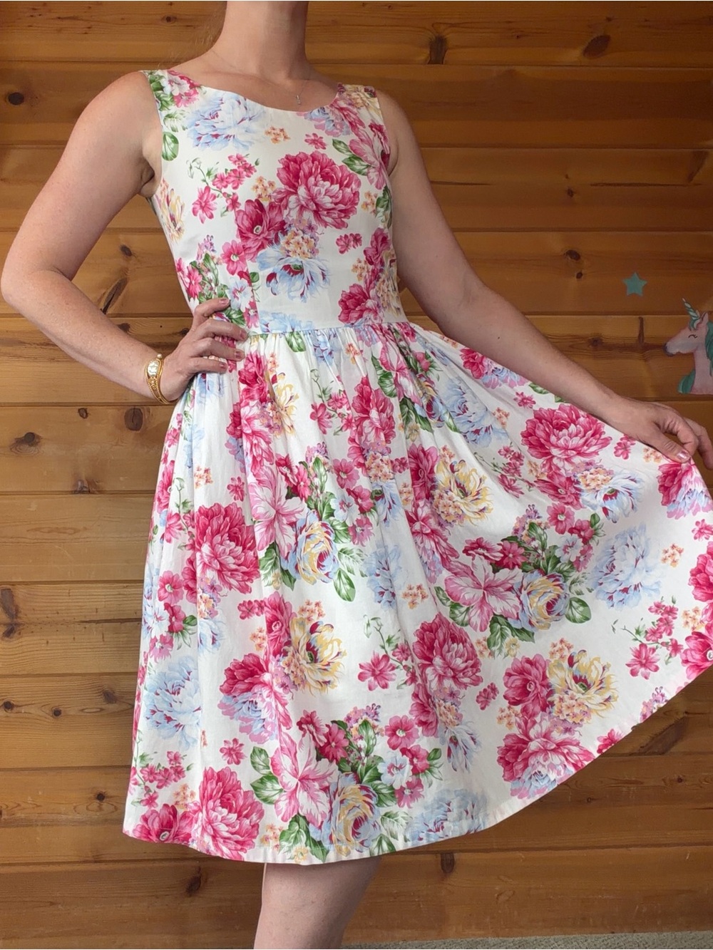 80s 90s Vintage 50s housewife dress, floral pink blue summer dress spring sun